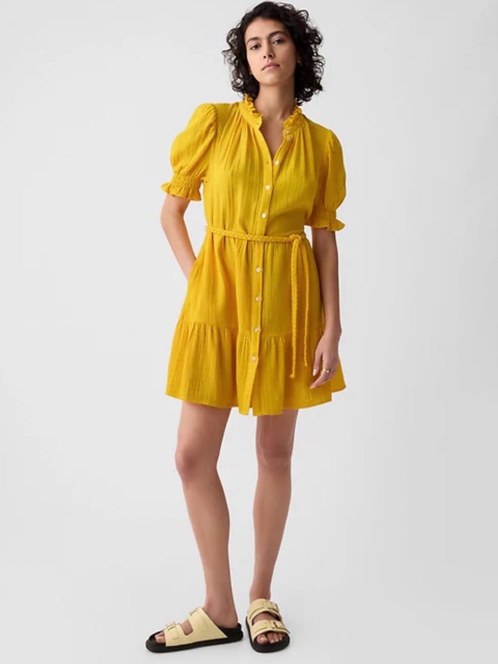 GAP lemon Yellow Button-Front Mini crinkle gauze shirt Dress